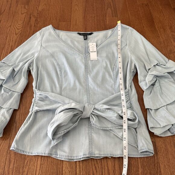 White House Black Market Bell Sleeve Blouse Womens Size 12 Denim Top Preppy Boho - Picture 14 of 14